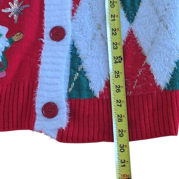 Holiday Time Embellished Cardigan Sweater Tunic Gnomes Snowflakes Argyle size M - Picture 5 of 16